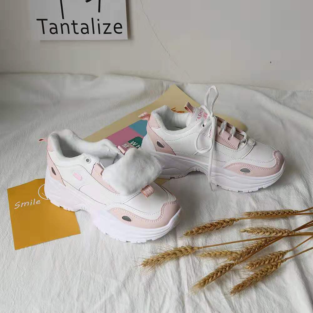 Giày sneaker đế xuồng tăng chiều cao cho nữ♚Giày bata lót nhung màu hồng xinh xắn cho nữ