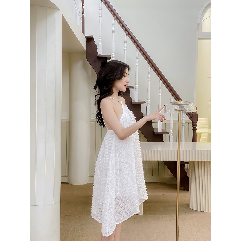 Váy cổ yếm nữ hai dây [2 lớp] Dáng xòe chất von họa tiết V-VHD3