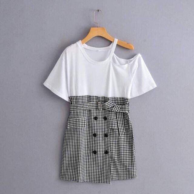 Set váy kẻ trễ vai
