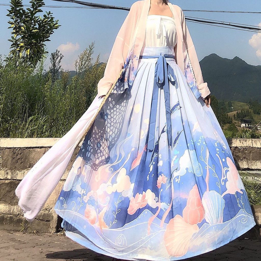 Váy Xếp Ly Mỏng Ngắn Tay Phong Cách Hanfu Cá Tính Qian Wanju 07.15