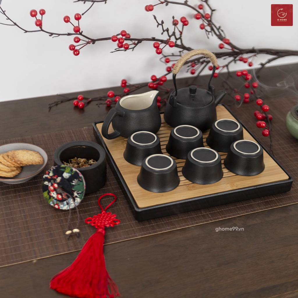 Set ấm trà gốm khay vuông cao cấp Ghome, bộ ấm trà truyền thống, sang trọng tiếp khách AT2022 KHAYVUONG