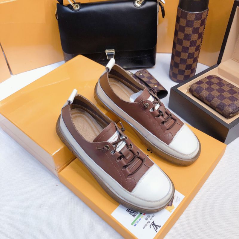 t Giày Thể Thao Nữ Nâu Giày Da Thật Dây Lười Mềm Êm Fullbox Cao Cấp