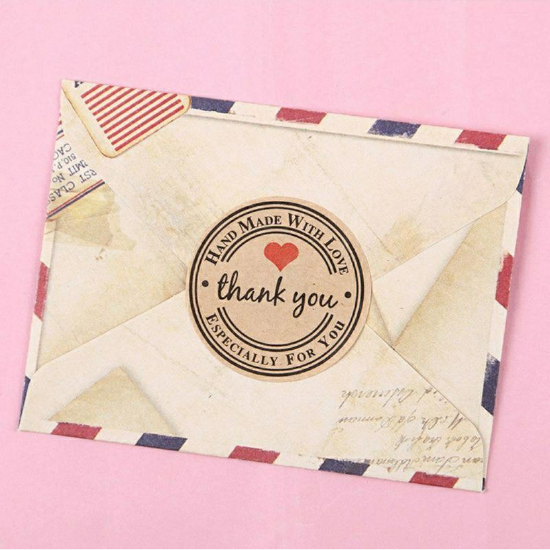 tem dán handmade tim thank you nền tròn kraft 2.5cm