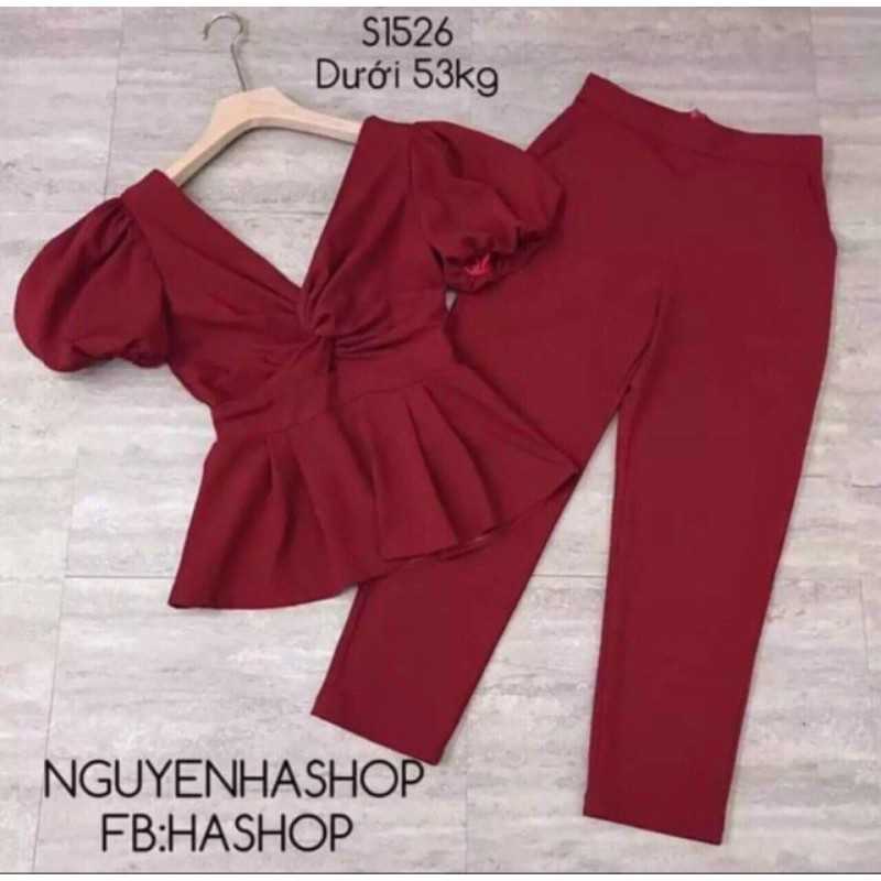 Set áo cổ tim xoắn ngực và quần dài