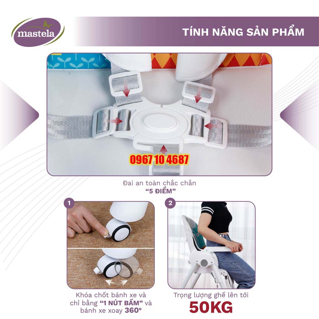Ghế ăn dặm đa năng cho bé Mastela 1015 có 5 mức nâng hạ độ cao, 3 chế độ ngả, dùng cho bé từ 4 tháng - 5 tuổi