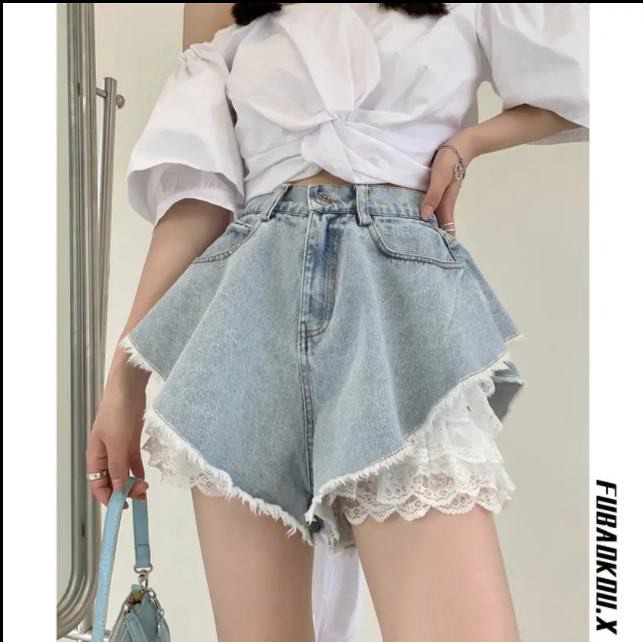 Quần đùi denim lưng cao phối quần ren bên trong mẫu 2022 thời trang mùa hè dành cho nữ (Có bán lẻ) | BigBuy360 - bigbuy360.vn
