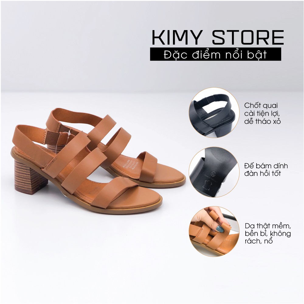 Sandal nữ VNXK quai chun sau tiện lợi, dép xăng đan da thật gót cao 5cm - Kimy Store