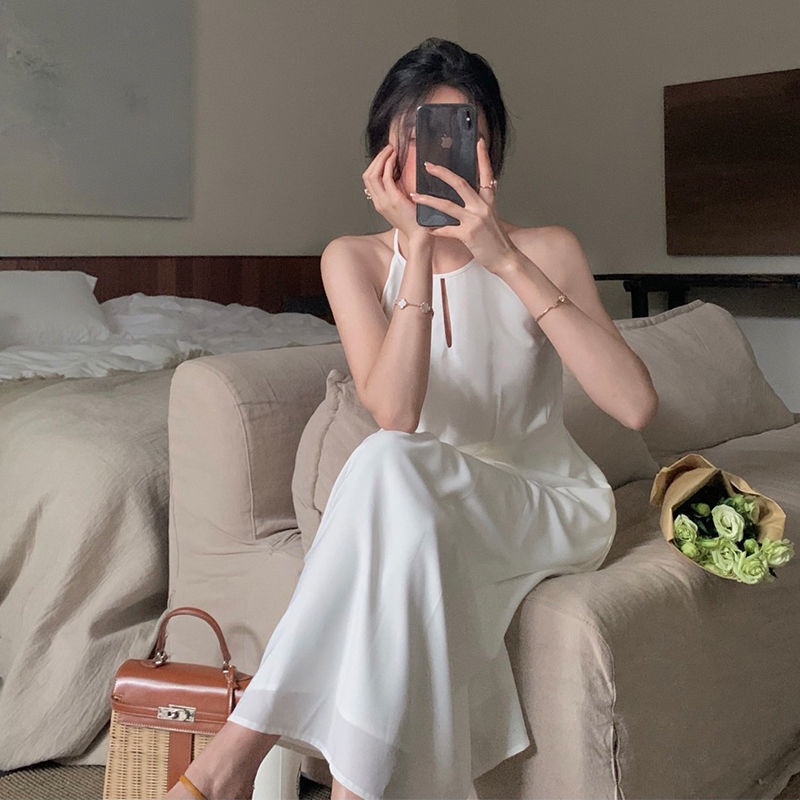 Đầm Trắng Cổ V Eo Cao Thời Trang Mùa Hè Cho Nữ