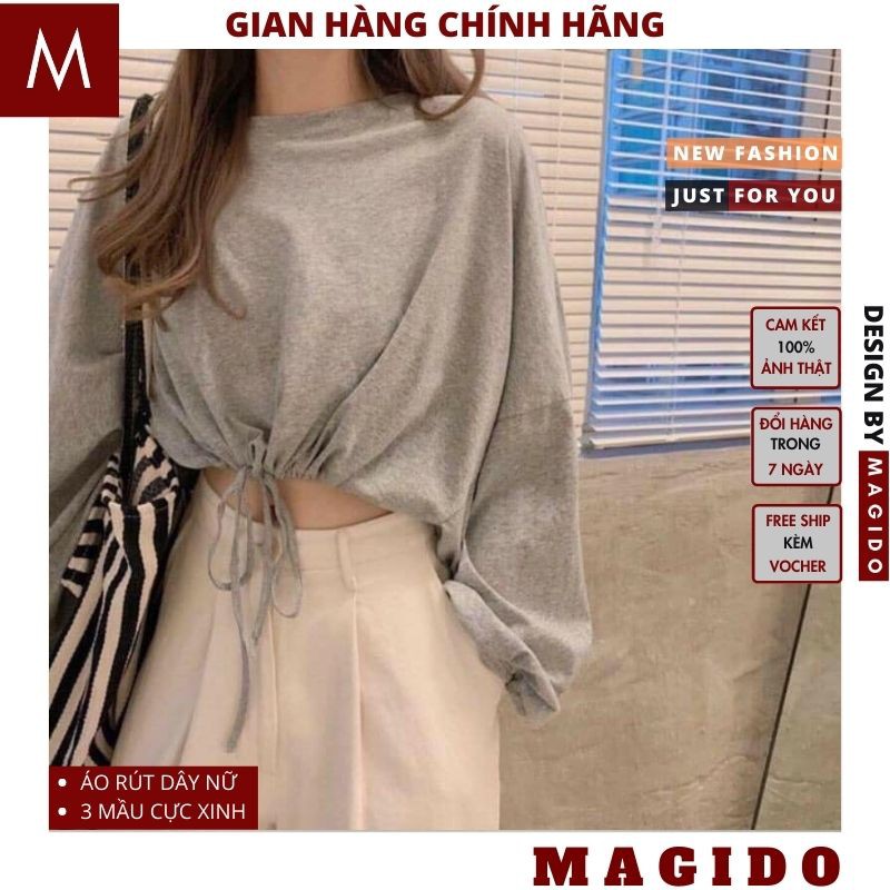 Áo croptop rút eo nữ 💚 áo nữ chun eo trơn dài tay unisex ,áo nữ rút eo XÁM CÁCH HÀN QUỐC 3 MẦU CUTE MAGIDO