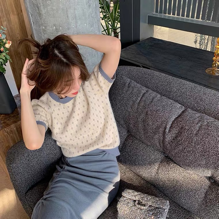 Áo croptop dệt kim SUXI tay ngắn cổ tròn phong cách mùa hè thời trang cho nữ