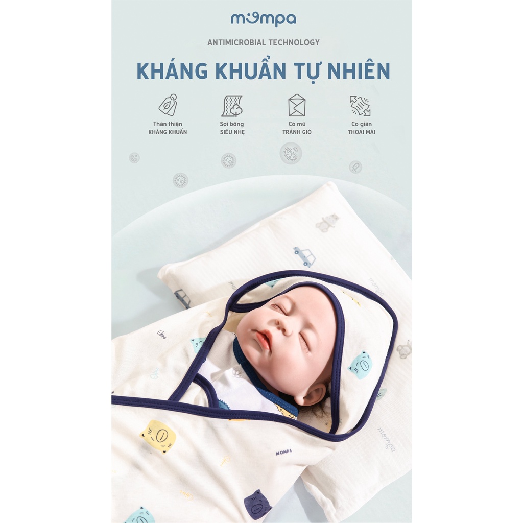 Chăn ủ hè cho bé có mũ che đầu MOMPA nằm điều hòa đồ ngủ trẻ sơ sinh vải cotton thấm hút đa năng làm khăn tắm chăn 901