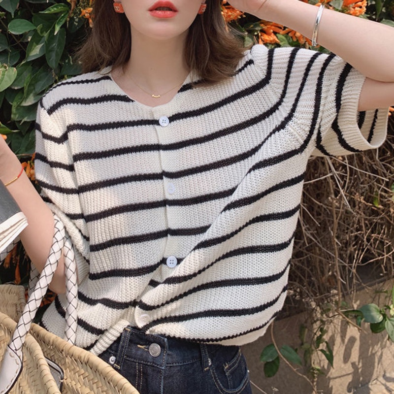 Áo Dệt Kim Tay Ngắn Kẻ Sọc Thời Trang 153201 Áo Khoác Cardigan Form Rộng Kiểu Dáng Đơn Giản Theo Phong Cách Retro Dễ Phối Đồ