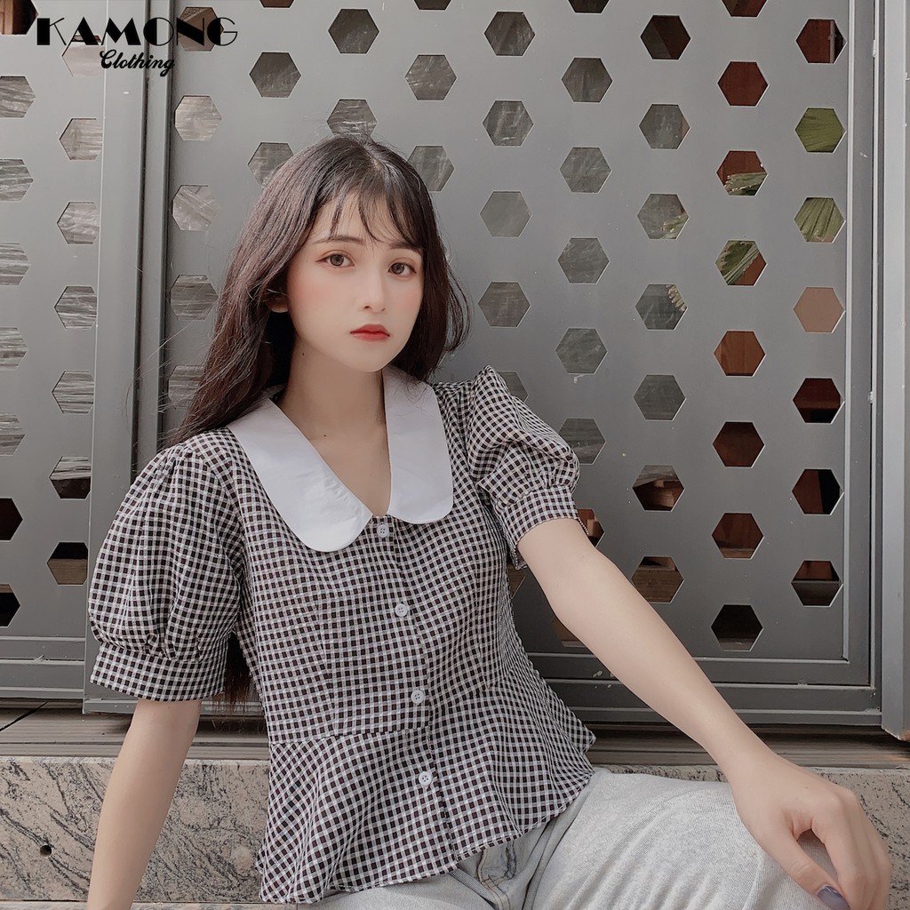 Áo kiểu croptop caro cổ sen KAMONG A046 | BigBuy360 - bigbuy360.vn