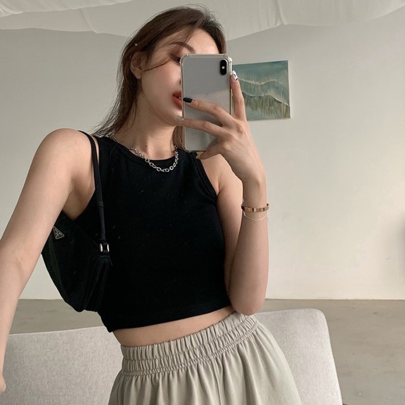 QADCOL Áo croptop không tay cổ tròn ôm dáng dệt kim thời trang