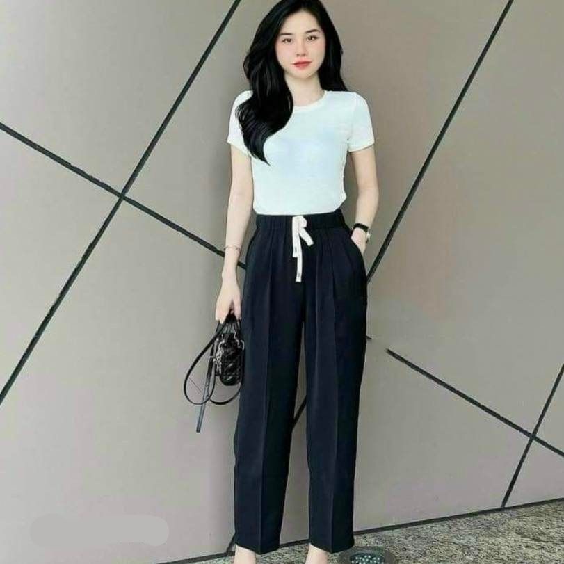 Quần tây nữ lưng cao baggy cạp chun dây rút CHAT vải ruby cao cấp Q148
