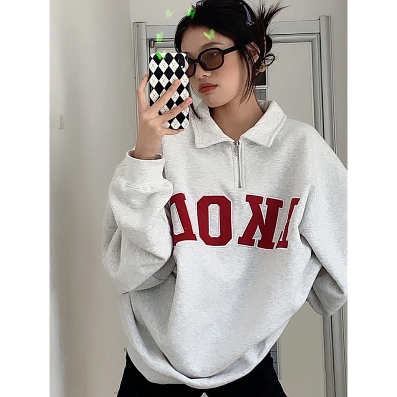 Áo sweater polo form rộng chất nỉ bông dày dặn màu ghi hoạ tiết chữ phong cách ulzzang SẴN