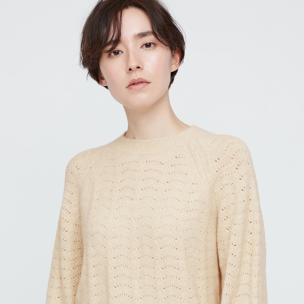 (UNIQLO chính hãng Nhật) Áo len nữ Souffle Yarn cổ tròn đan hoạ tiết