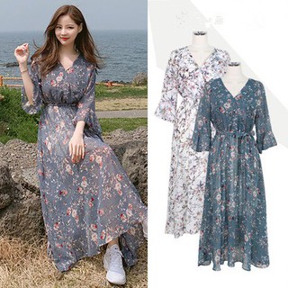 Đầm maxi chiffon hoạ tiết hoa phong cách Hàn Quốc
