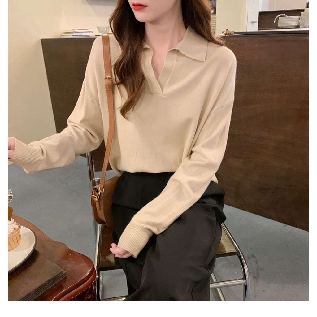 Áo ZHELIHANGFEI dệt kim tay dài cổ polo dáng rộng phong cách Nhật Bản dễ phối đồ cho nữ