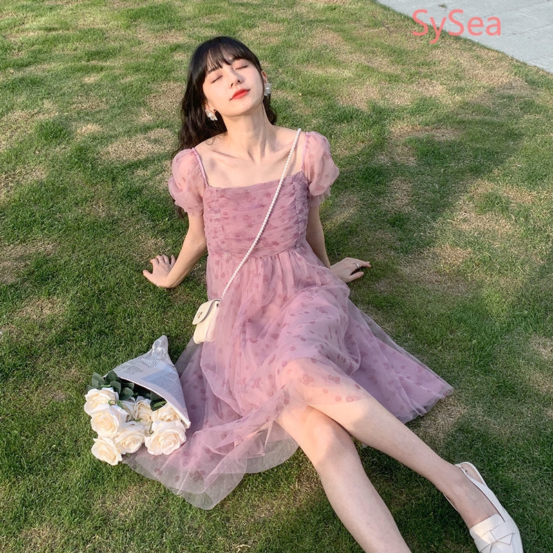 Women Pink Floral Mesh Dress Summer Short-sleeved A-line Dress