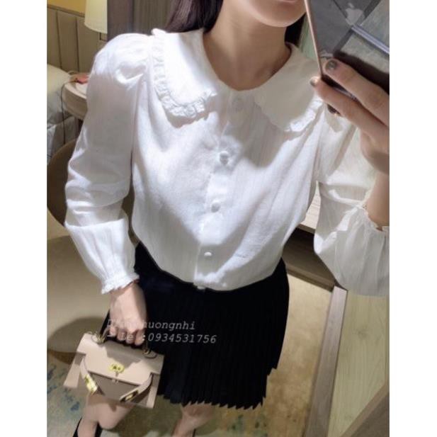 Sơ mi trắng cổ tròn tay bèo chất đũi mềm