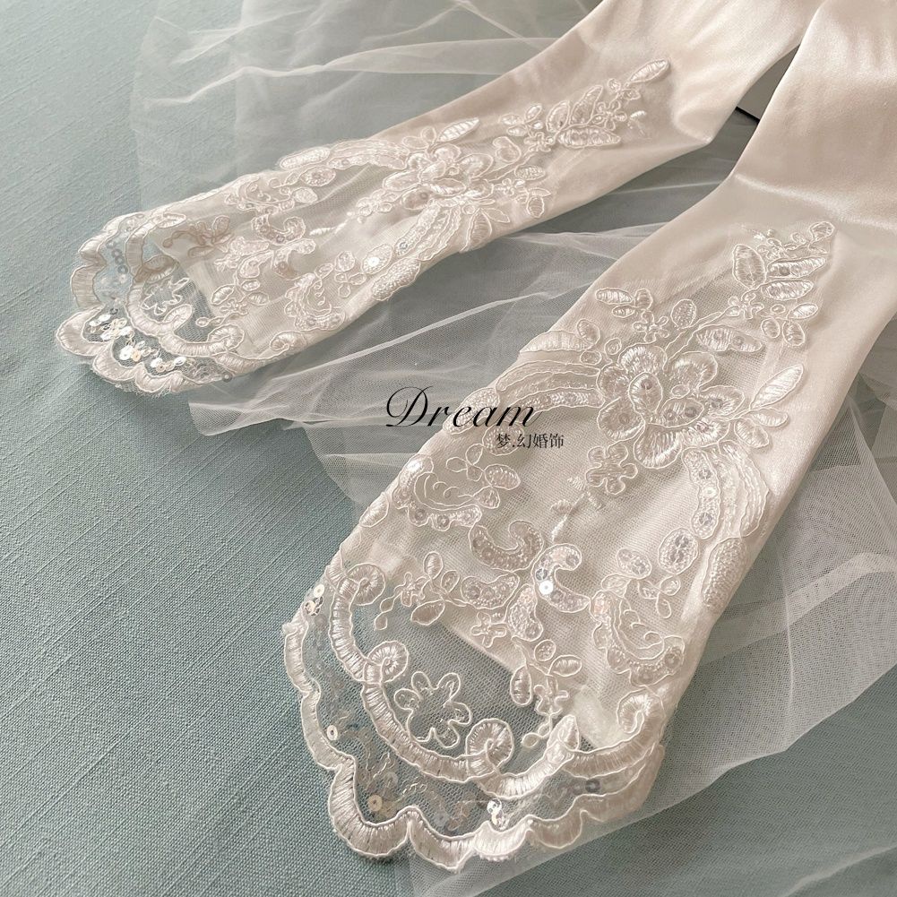 Găng Tay Satin Dài Phối Ren Trắng Che Phủ Ngón Tay Phụ Kiện Chụp Ảnh Cưới Cho Cô Dâu