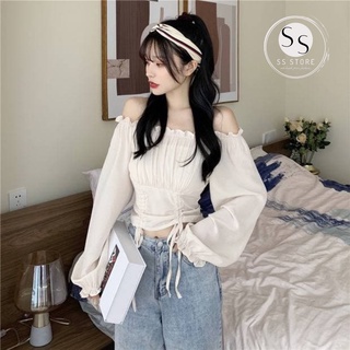 Áo Trễ Vai Dây Rút Eo Tay Dài FASTEST (TRẮNG)