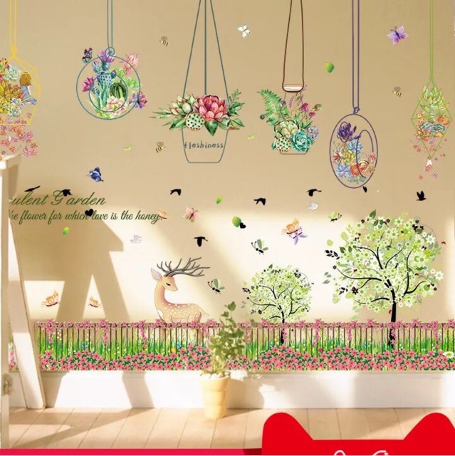 BỘ COMBO DECAL GHÉP ĐÔI dán tường - Hàng rào Nai và chậu cây hiện đại ( 2 TẤM )