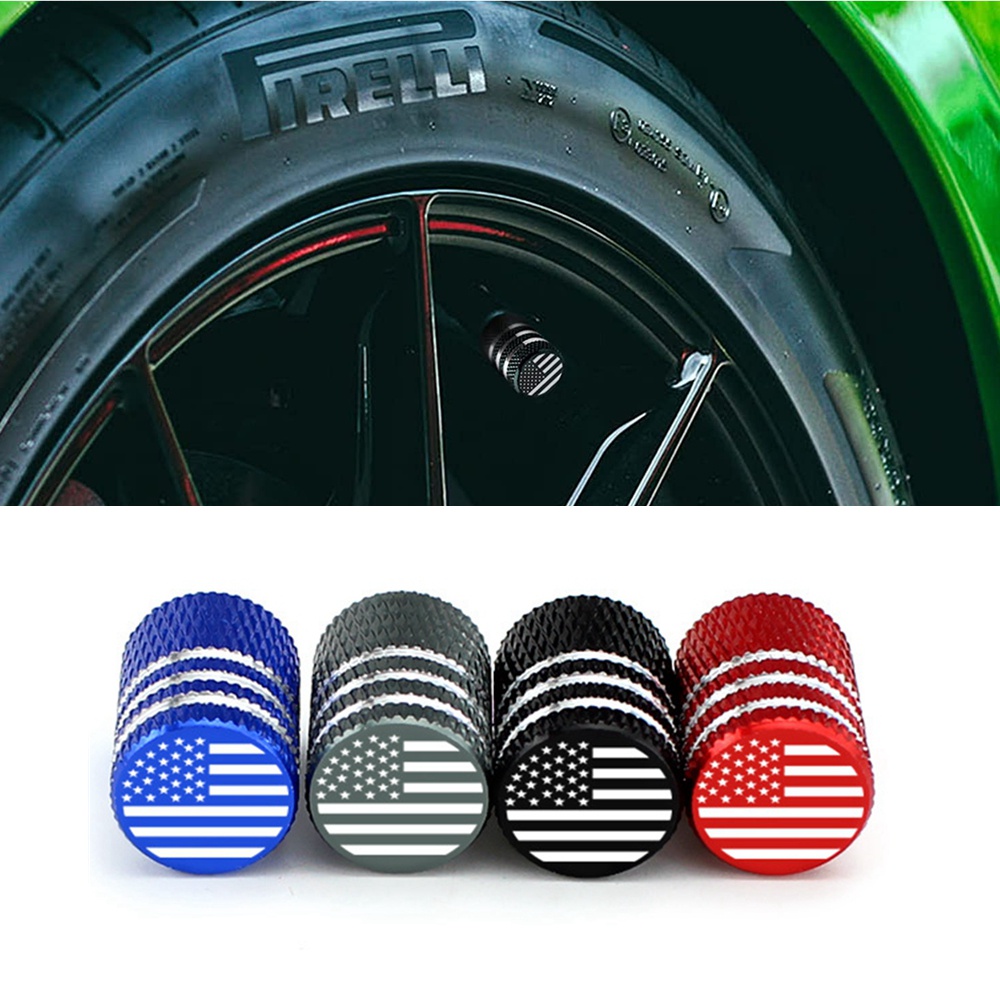 Bộ 4 Vỏ Bọc Van Bánh Xe Hơi / Xe Máy / Xe Đạp / Xe Máy Bằng Kim Loại Với Lớp Lót Nhựa Chống Mòn / Rỉ Sét Hình Lá Cờ Mỹ