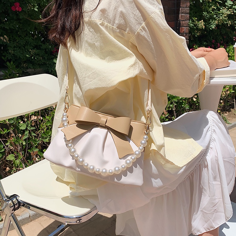 Túi đeo vai IELGY đính nơ và hạt ngọc trai nhân tạo phong cách Hàn Quốc thời trang dành cho nữ