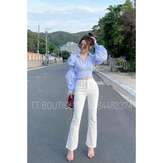ÁO CROPTOP CARO NHÍ CHUN EO TAY KHÚC