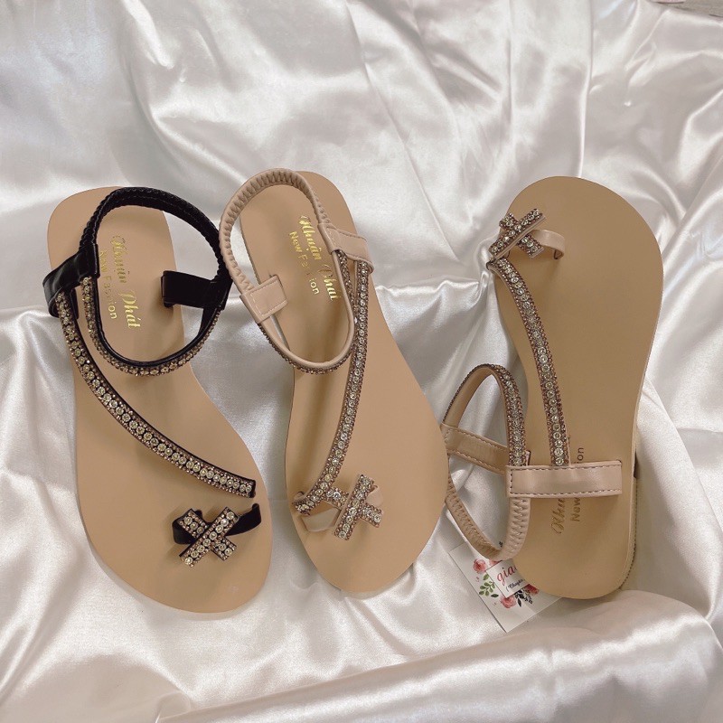 Sandal xỏ ngón X viền đá đế mặt tẩy hậu thun