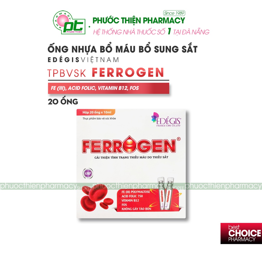 Sắt ống nước cho bé bổ máu bổ sung sắt Edégis Ferrogen Hộp 20 Ống acid folic vitamin b12