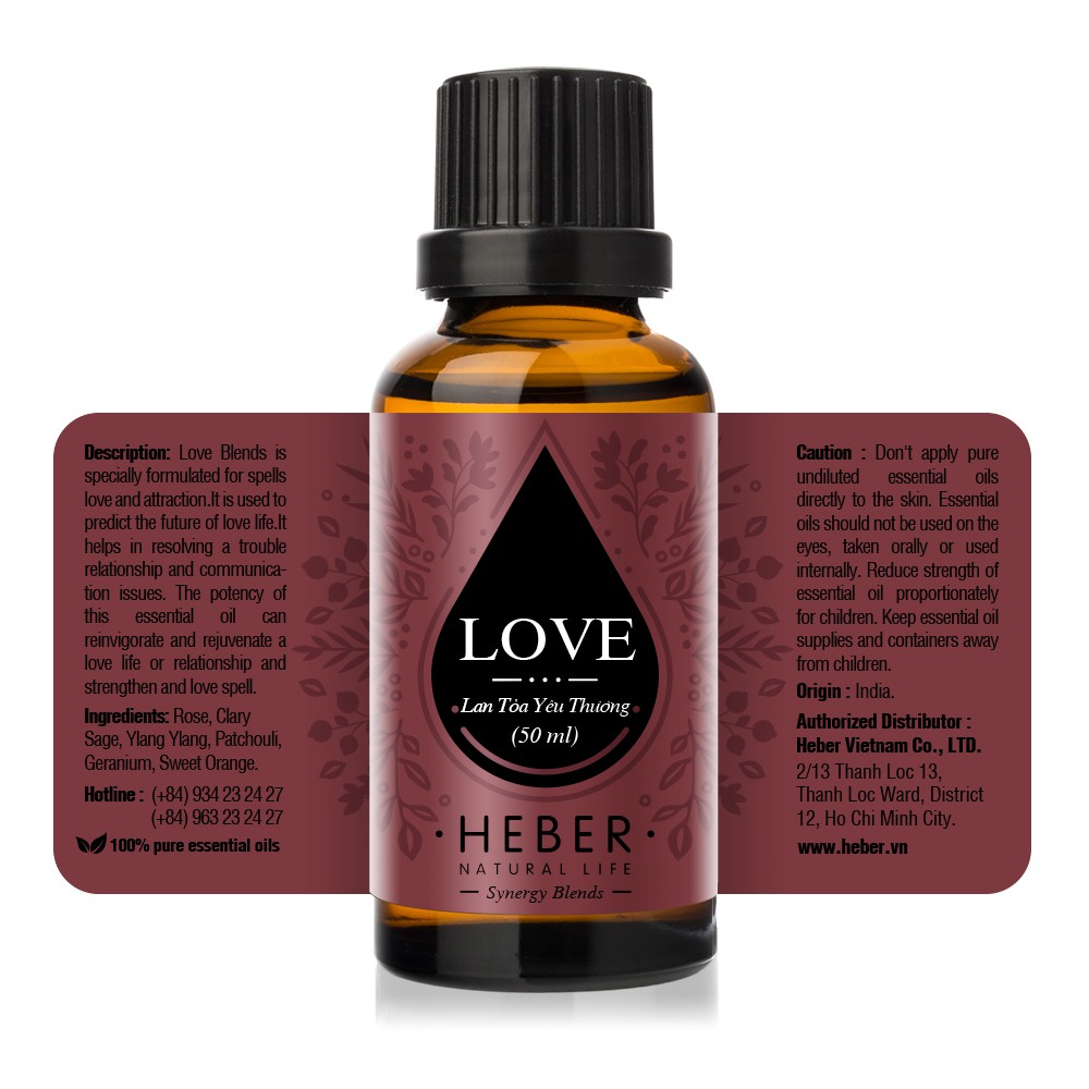 Tinh Dầu Lan Tỏa Yêu Thương Love Blend Heber Natural Life, Cao Cấp Nhập Khẩu, Thiên Nhiên Nguyên Chất, 10ml/30ml/50ml