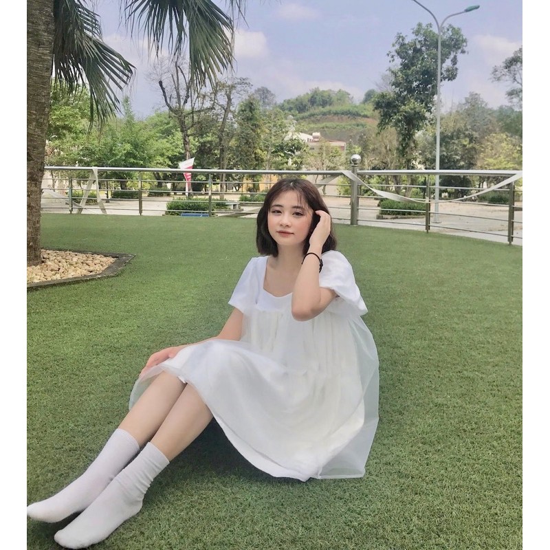 Đầm nữ babydoll đi học đi chơi  melissa dress  thiết kế cổ vuông caocaobycaochen 2 màu đen trắng có bigsize