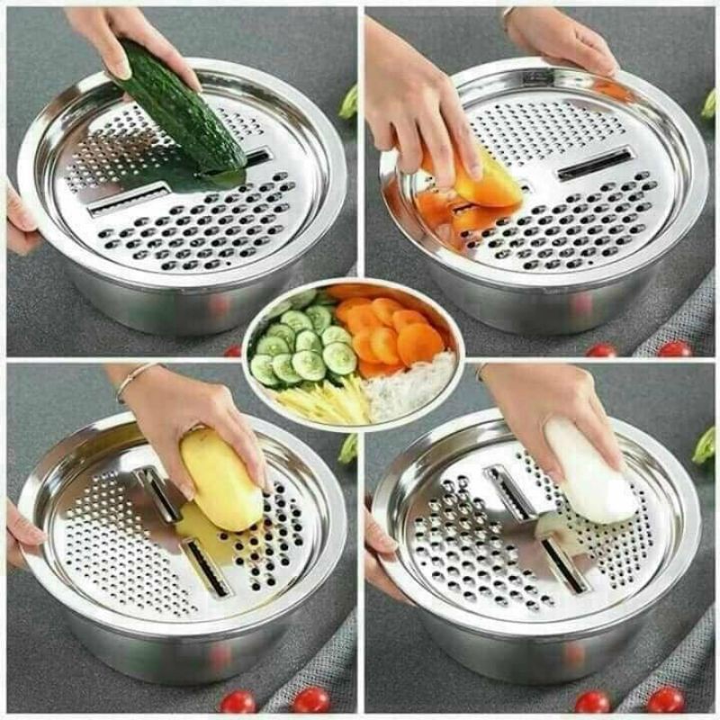 Bộ Bào Nạo Rau Củ Kiêm Rổ Và Chậu Inox Cao Cấp Đa Năng