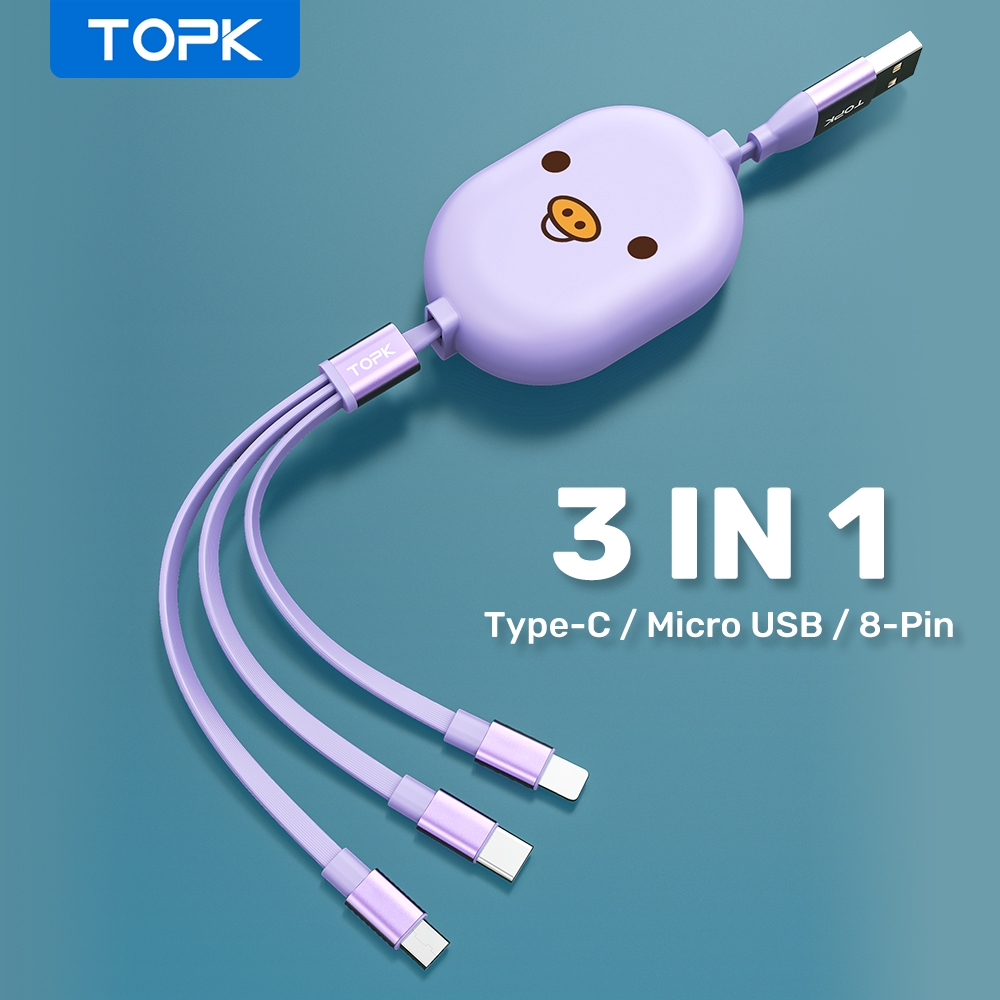 Cáp Sạc TOPK AN25 3 Trong 1 Micro USB Loại C Thể Thu Vào Cho iPhone X XS MAX