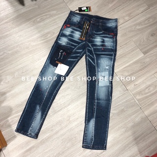 Quần bò nam Dsq2 trơn mài vá trắng, quần jean nam, quần bò khoá lệch ống côn - Bee Shop