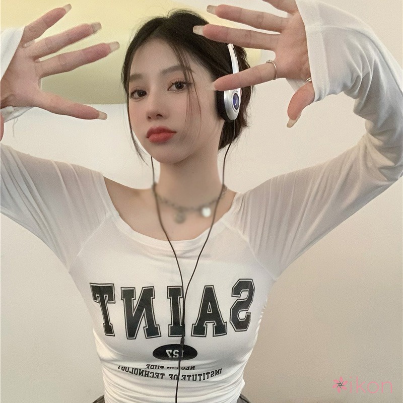 Áo Thun Tay Dài Hở Vai In Họa Tiết Phong Cách Hàn Quốc Thời Trang Cho Nữ