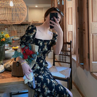 Đầm Chiffon Cổ Vuông Xẻ Tà Trước Phong Cách Thời Trang Pháp
