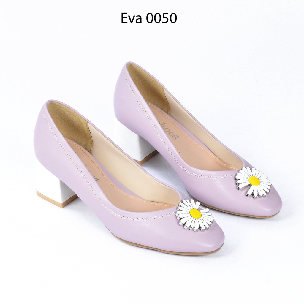 Giày Cao Gót Đế Vuông Nơ Hoa Cúc Da PU 5cm Evashoes - Eva0050