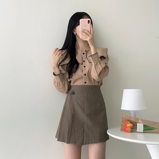 SUXI Áo Sơ Mi Tay Dài Màu Sắc Tương Phản Phong Cách Hàn Quốc Thời Trang Cho Nữ