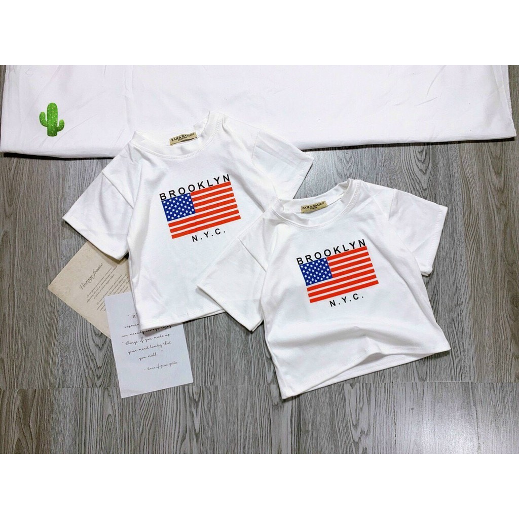 Áo thun nữ tay ngắn cổ tròn họa tiết lá cờ dáng croptop xinh chất thun đẹp mát