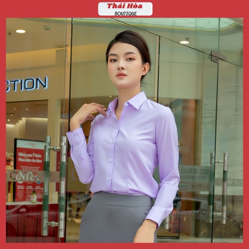 Áo sơ mi nữ dài tay công sở đẹp kiểu dài tay màu tím vải cotton trơn mềm Thái hoà 047-08-01