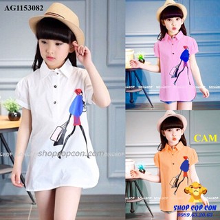 Áo sơ mi form giấu quần hình cô gái shopping cho bé từ 12-42kg