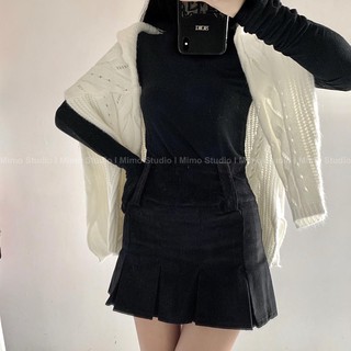 Áo len trăngs cổ V -Váy nhung xếp li