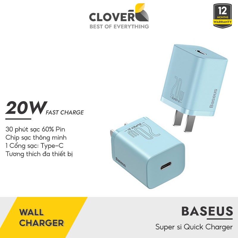 Củ Sạc Nhanh 20w Baseus Super Si Cloverb Kích Thước Nhỏ Gọn Sạc Không Nóng Máy Bảo Vệ Pin Cho Ip 12 13 Pro Max