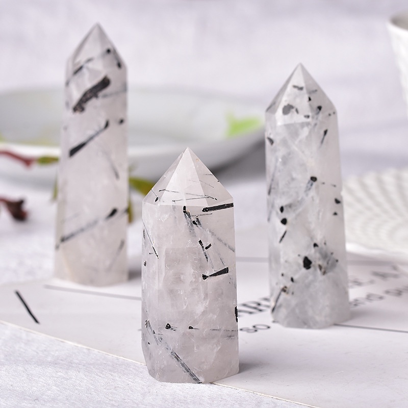 Trụ đá Black Tourmaline Quartz trắng tóc đen dùng trong thiền định và thanh tẩy (4-5cm)