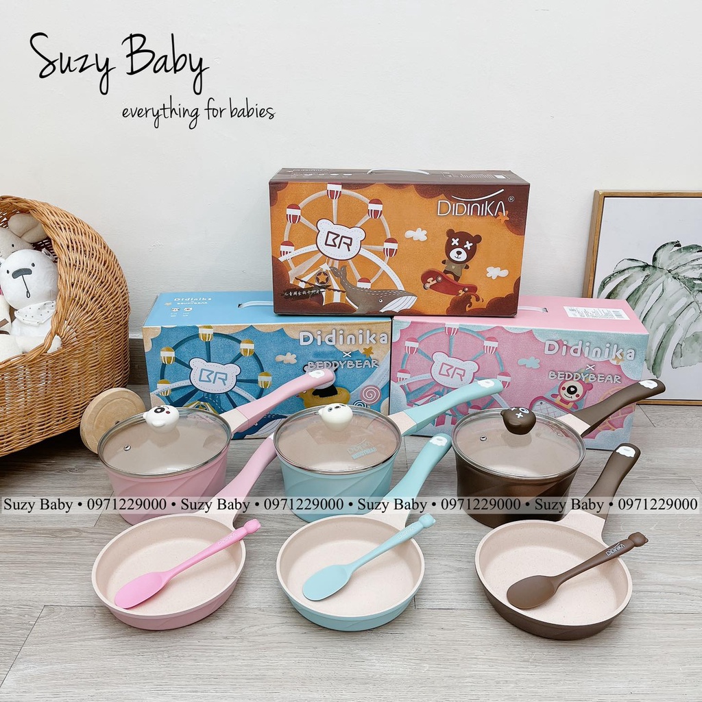 Bộ nồi chảo đá didinika họa tiết gấu nấu ăn dặm cho bé