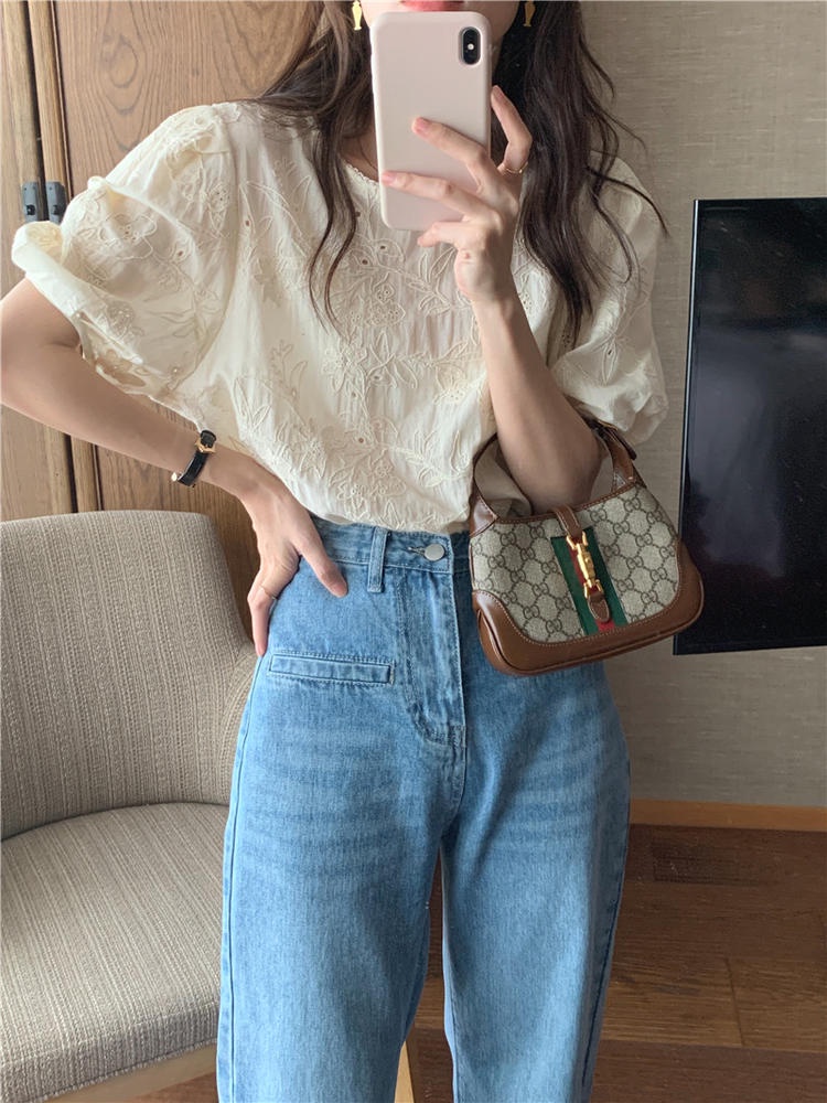 Áo Sơ Mi Cotton Tay Ngắn Thêu Hoa Tinh Tế 50689